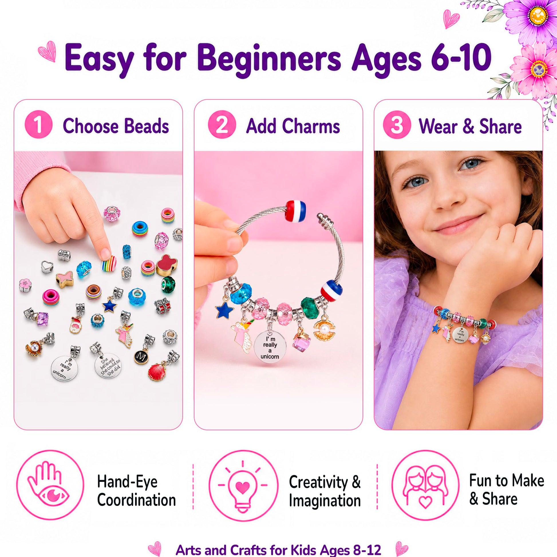 Girls Charm Bracelet Making Kit: Unicorn Toys for Girls Gifts 8-12 Years Old, Birthday Gifts 6 7 8 9 10 Year Old Girl Gift Ideas, Inspires Creativity Art and Crafts for Kids Age 6-8 Jewelry Making Set