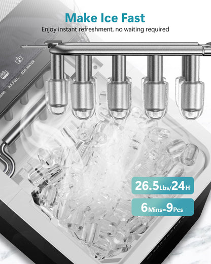 EUHOMY Countertop Ice Maker, 26.5 lbs/24H Portable Ice Machine with Ice Scoop & Basket, Fast 6-10 Mins Ice Making, 2 Ice Sizes, Ideal for Home, Kitchen, RV, Party EUHOMY