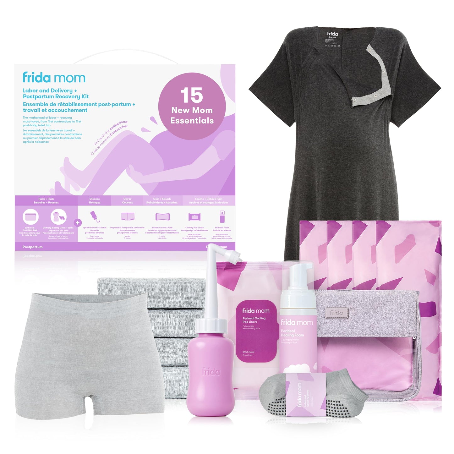 Frida Mom 15pc Labor, Delivery, & Postpartum Kit Gift Set for Baby Showers & Mom to Be, Includes Peri Bottle, Nursing Gown, Disposable Underwear, Ice Maxi Pads, Pad Liners, Perineal Foam, Socks & Toiletry Bag Frida