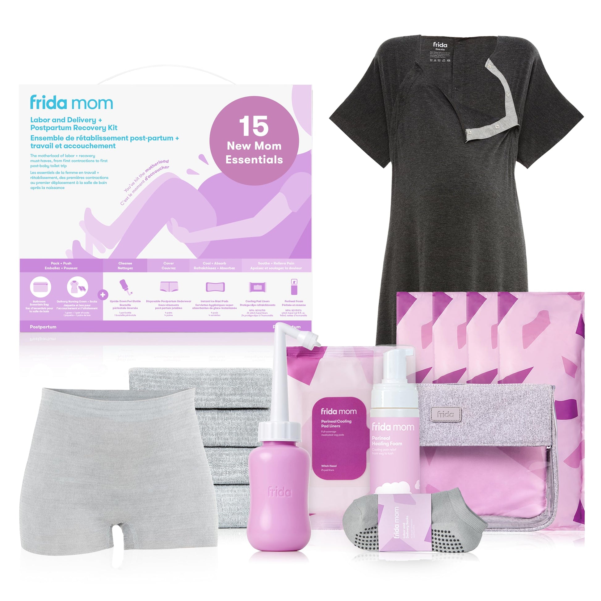Frida Mom 15pc Labor, Delivery, & Postpartum Kit Gift Set for Baby Showers & Mom to Be, Includes Peri Bottle, Nursing Gown, Disposable Underwear, Ice Maxi Pads, Pad Liners, Perineal Foam, Socks & Toiletry Bag Frida