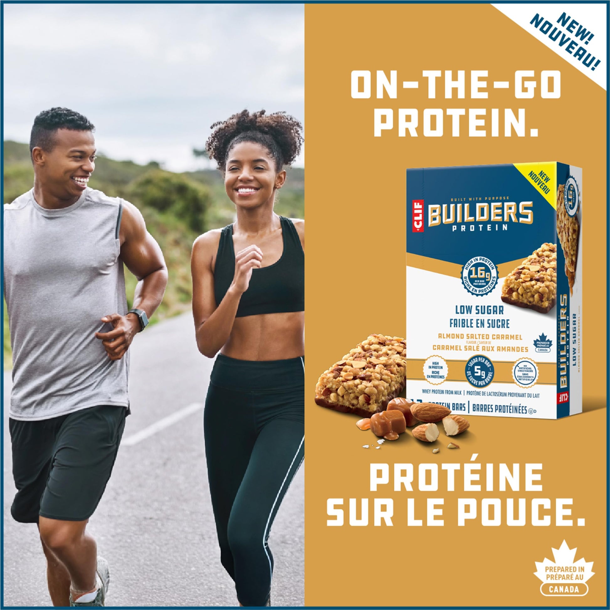 CLIF BUILDERS Low Sugar Protein Bars – Almond Salted Caramel, 12-Pack (56g each)