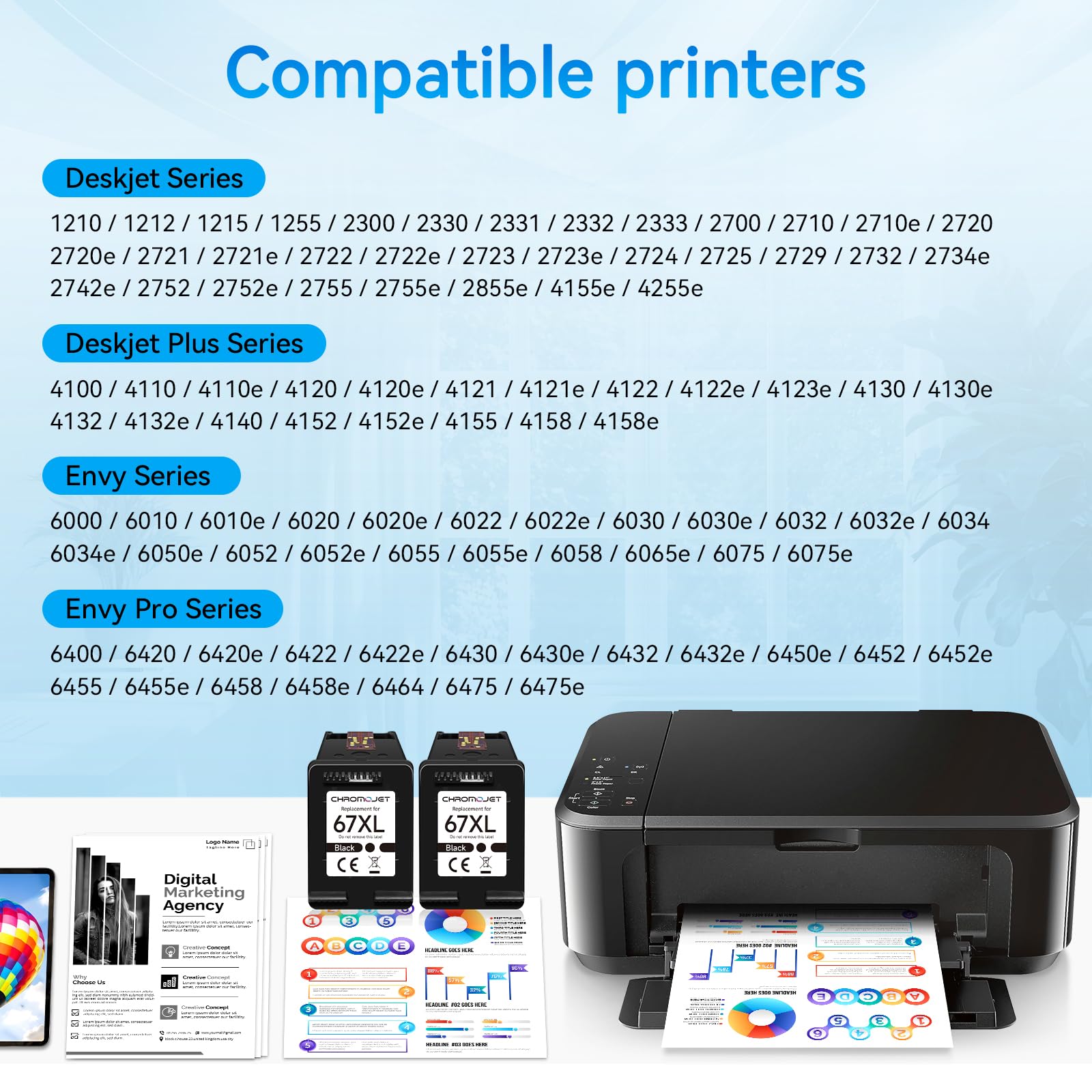 67XL Black Ink Cartridges Compatible for HP 67 Ink Cartridges Compatible for HP Ink 67 Fit for DeskJet 4155e 2855e 2755e 2700 2700e 2800e 4100 4255e 2734e Envy 6055e 6455e 6000 6400 Printer(2 Black)