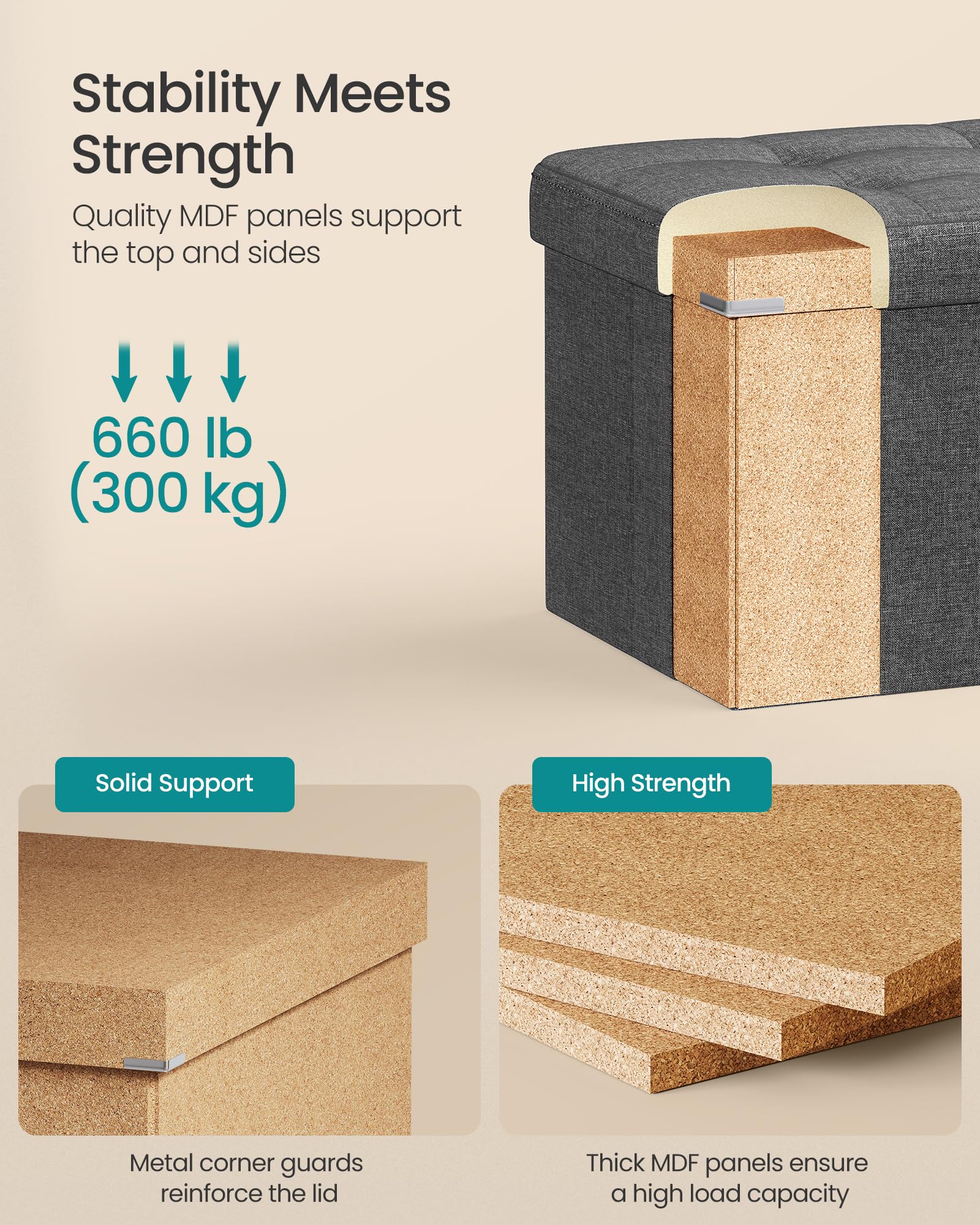 SONGMICS 110 cm Folding Storage Ottoman Bench, Padded Seat SONGMICS