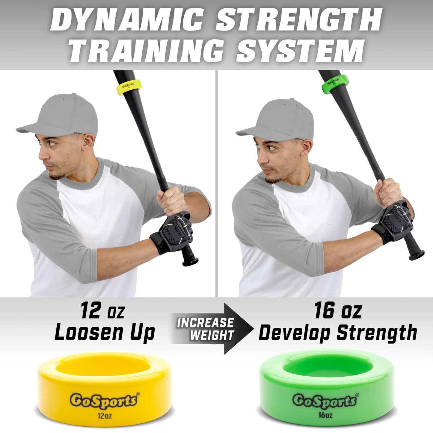 GoSports Baseball and Softball Bat Weights - 2 Pack Baseball Donuts - 16 oz & 12 oz GoSports