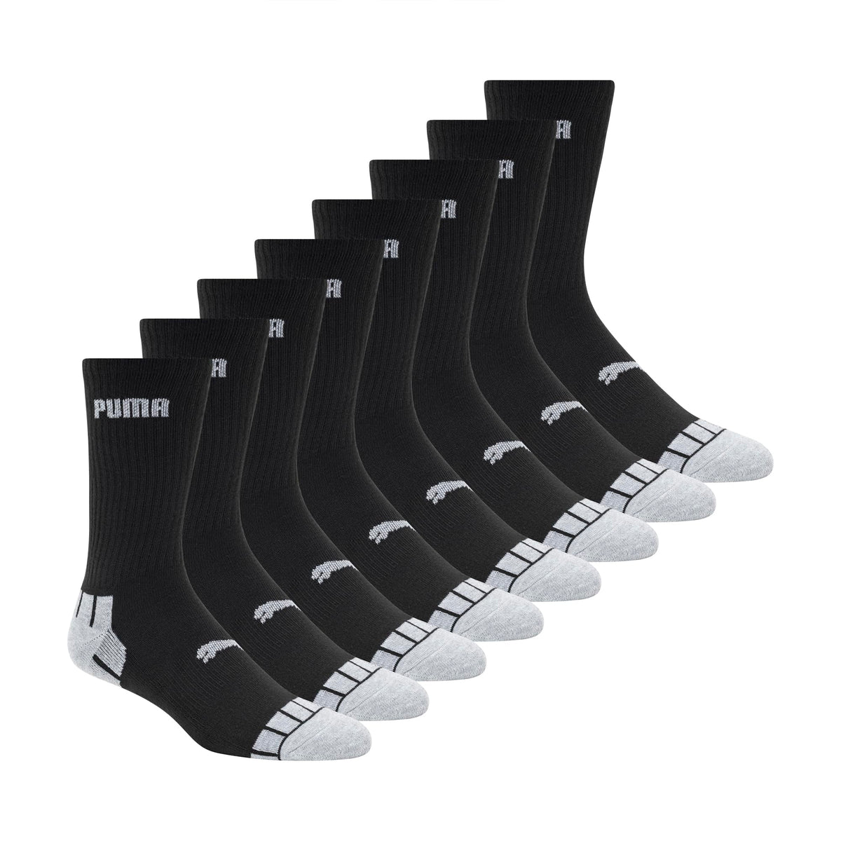 PUMA Men's 8 Pack Athletic Cushioned Crew Socks, Black/Grey, 10-13