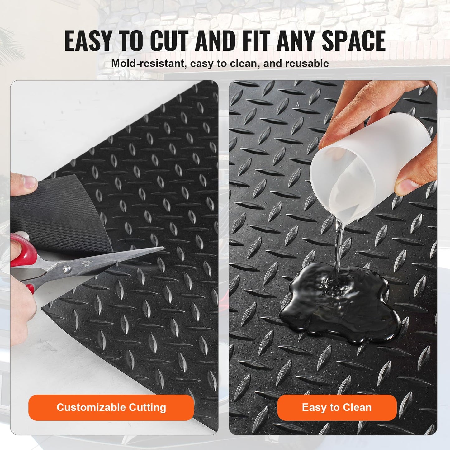 VEVOR Diamond-Plate Rubber Flooring Roll, 3 mm x 4 ft x 8 ft Garage Floor Mat, SBR Rubber Flooring Roll, Easy to Clean, Diamond Plate Mat for Under Cars, Garage Industry Gym, Black VEVOR