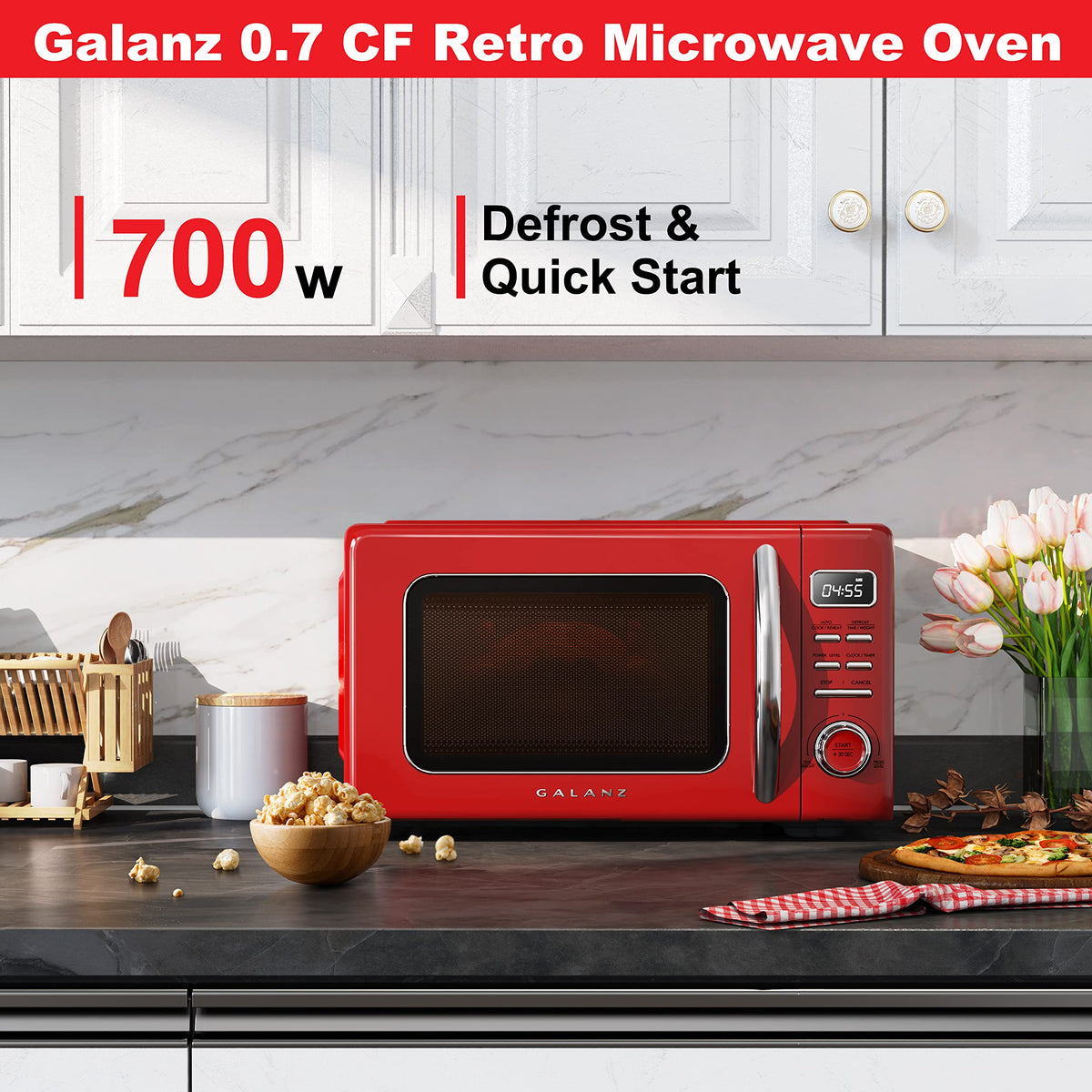Galanz GLCMKZ07RDR07 Retro Countertop Microwave Oven with Auto Cook & Reheat, Defrost, Quick Start Functions, Easy Clean with Glass Turntable, Pull Handle,0.7 cu ft, Red