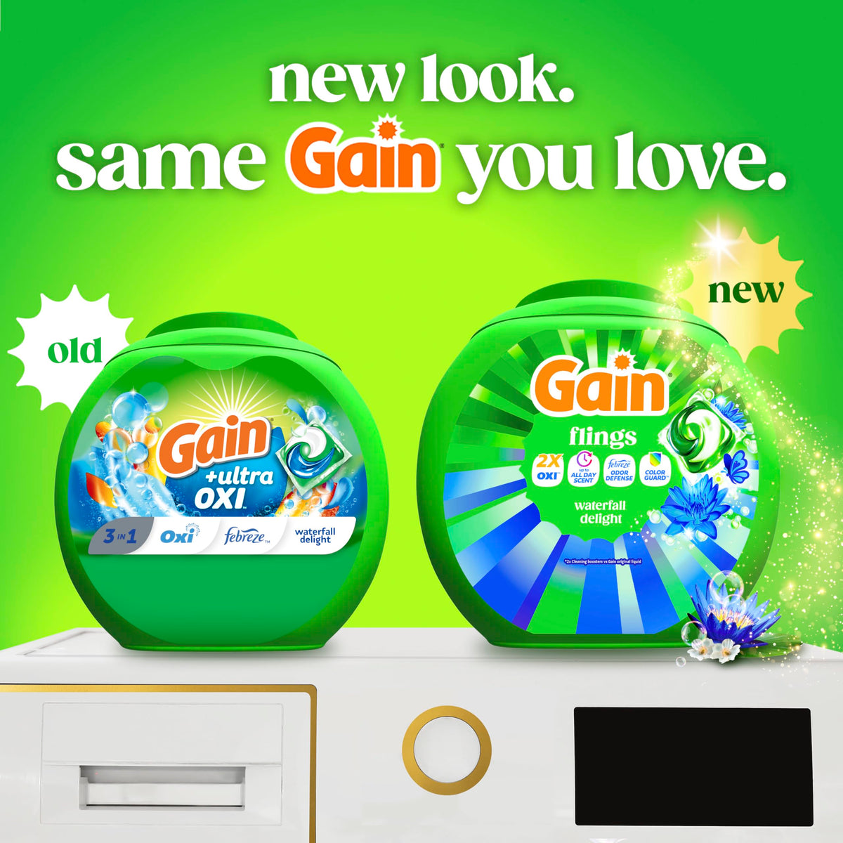 Gain Flings Ultra Oxi Laundry Detergent Pacs, 76 Count, Waterfall Delight Scent, with Odour Defense, concentrated laundry soap pacs