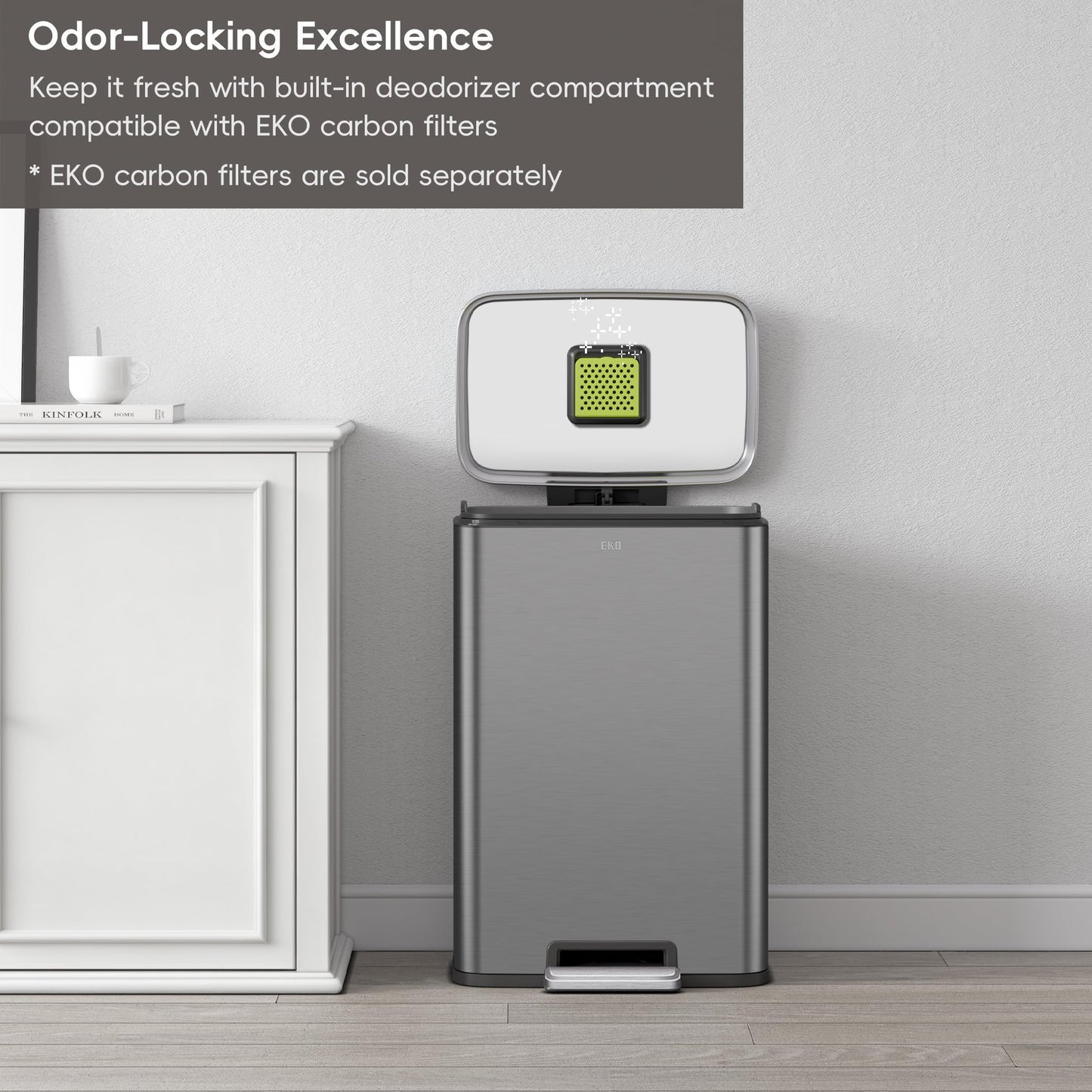EKO Madison Gunmetal Steel 50 Liter/13.2 Gallon Step Trash Can with Inner Liner - Fingerprint Resistant Finish EKO