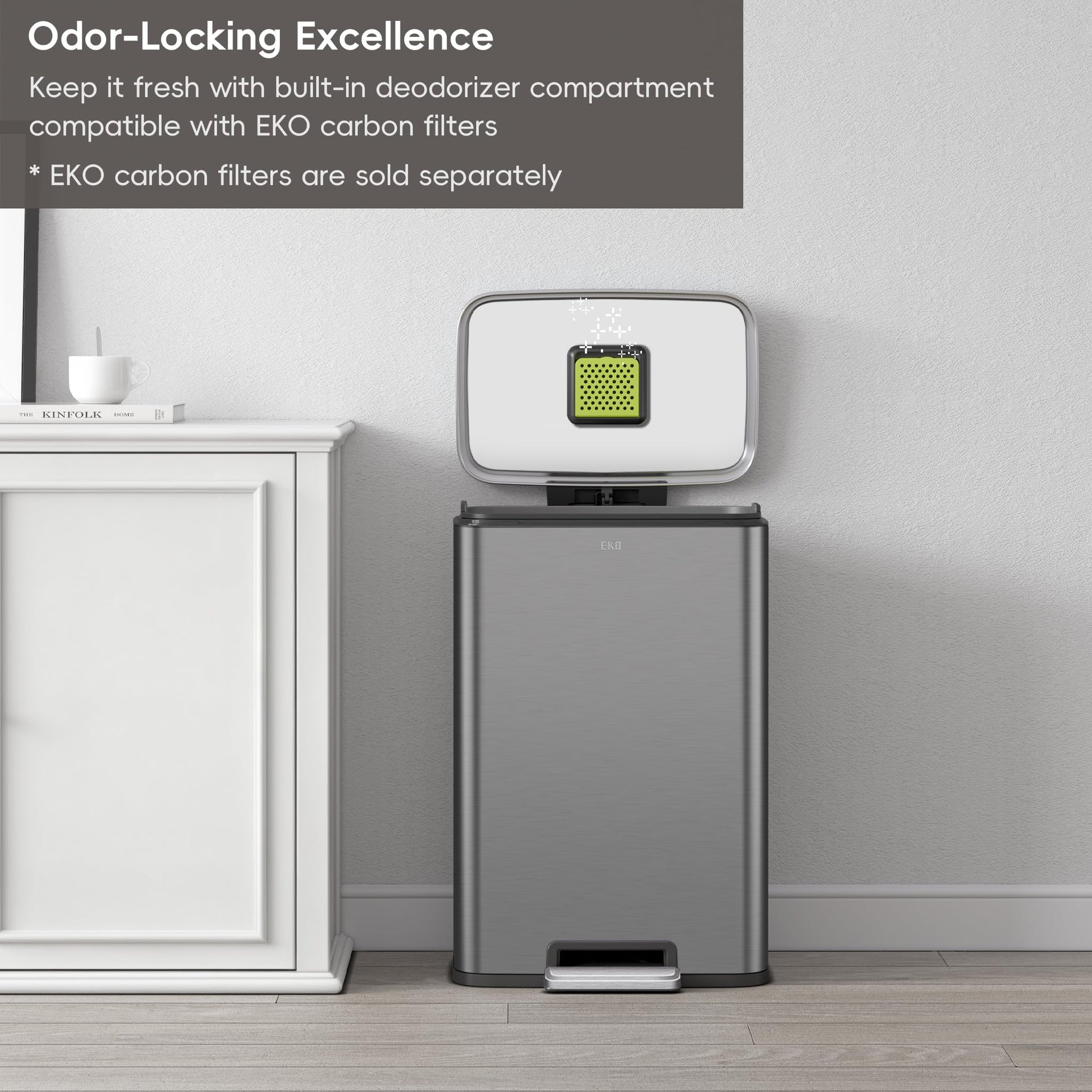 EKO Madison Gunmetal Steel 50 Liter/13.2 Gallon Step Trash Can with Inner Liner - Fingerprint Resistant Finish EKO