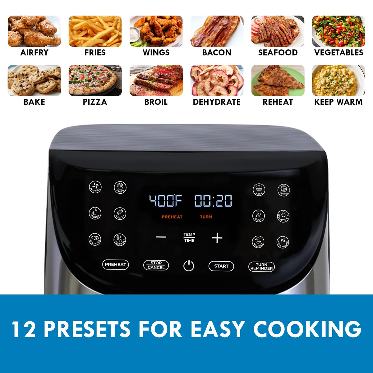 Kenmore 8 Qt Air Fryer 1700W 12 Presets Digital Touch Screen Stainless Steel Family Size Nonstick Basket Easy Cleanup Dishwasher Safe OilLess Cooking