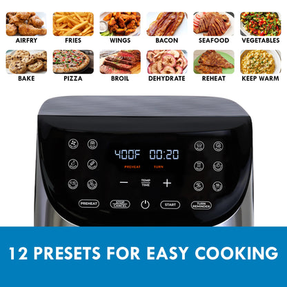 Kenmore 8 Qt Air Fryer 1700W 12 Presets Digital Touch Screen Stainless Steel Family Size Nonstick Basket Easy Cleanup Dishwasher Safe OilLess Cooking