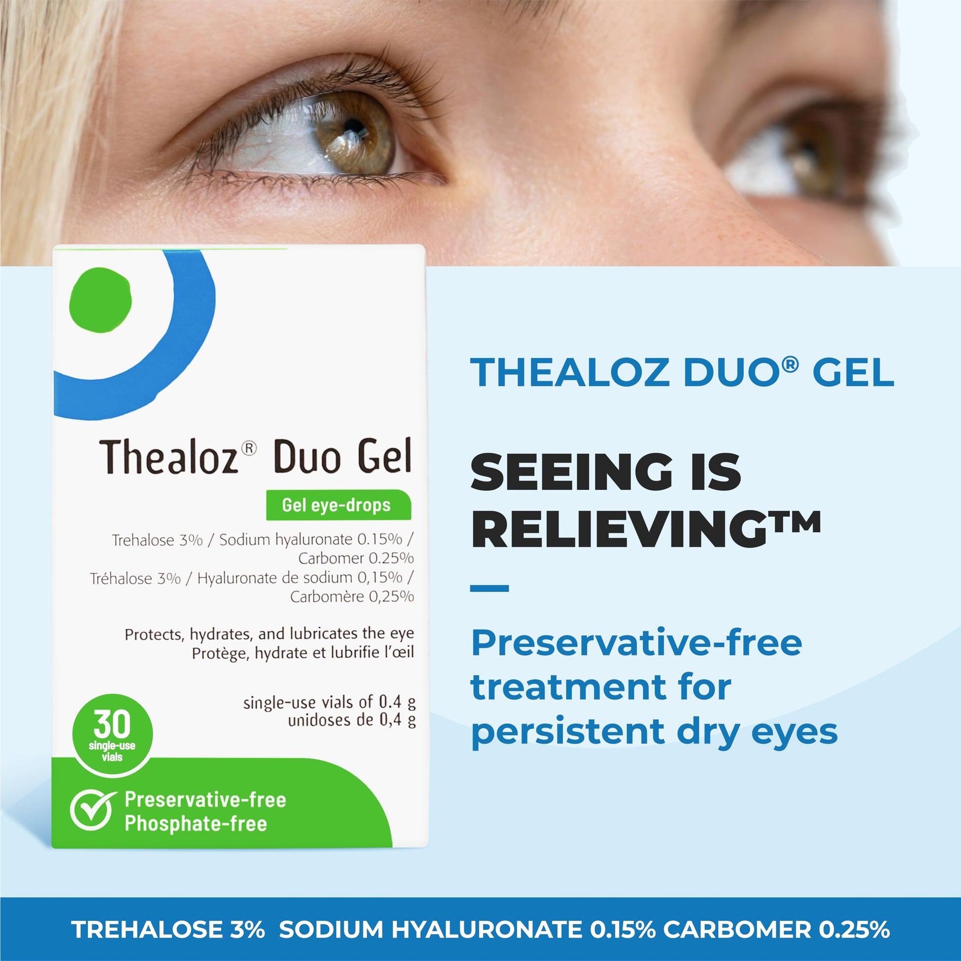 Thealoz Duo Gel - Clinically Proven Hydration for Dry Eyes w/Hyaluronic Acid & Trehalose, Lubricating Gel-Persistent Dryness, Stabilizes Tear Film for 6 Hrs-Contact Lens Wearers-Single-Use 30 Vials - Available at All In One Marketplace Canada