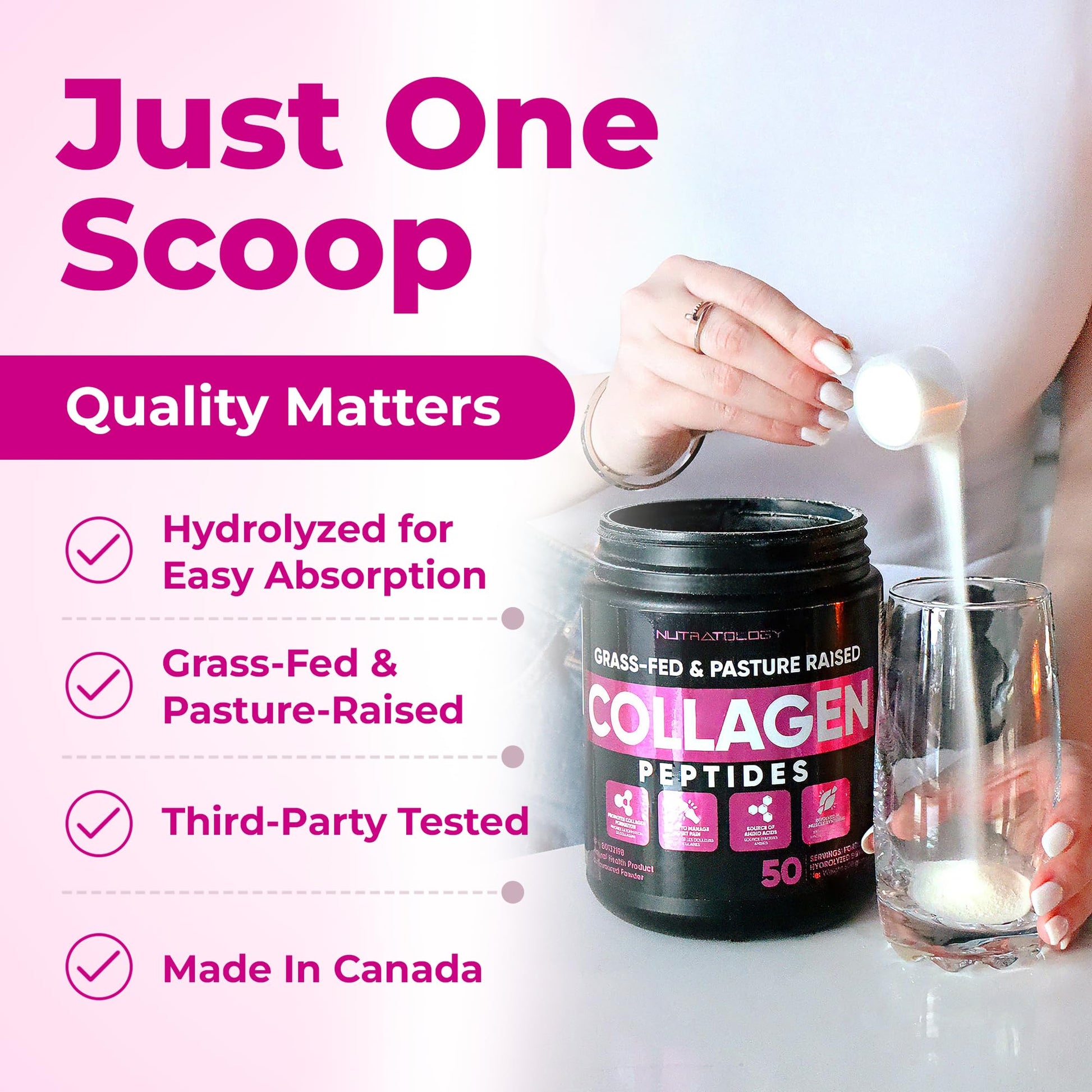 Nutratology® Collagen Powder | Grass-Fed & Canadian-Made | Dissolves Easily | 50 Servings | Supports Healthy Hair, Skin, Nails, & Joints | Hydrolyzed Collagen Peptides Type 1 & 3 | Unflavoured | 500G - Available at All In One Marketplace Canada