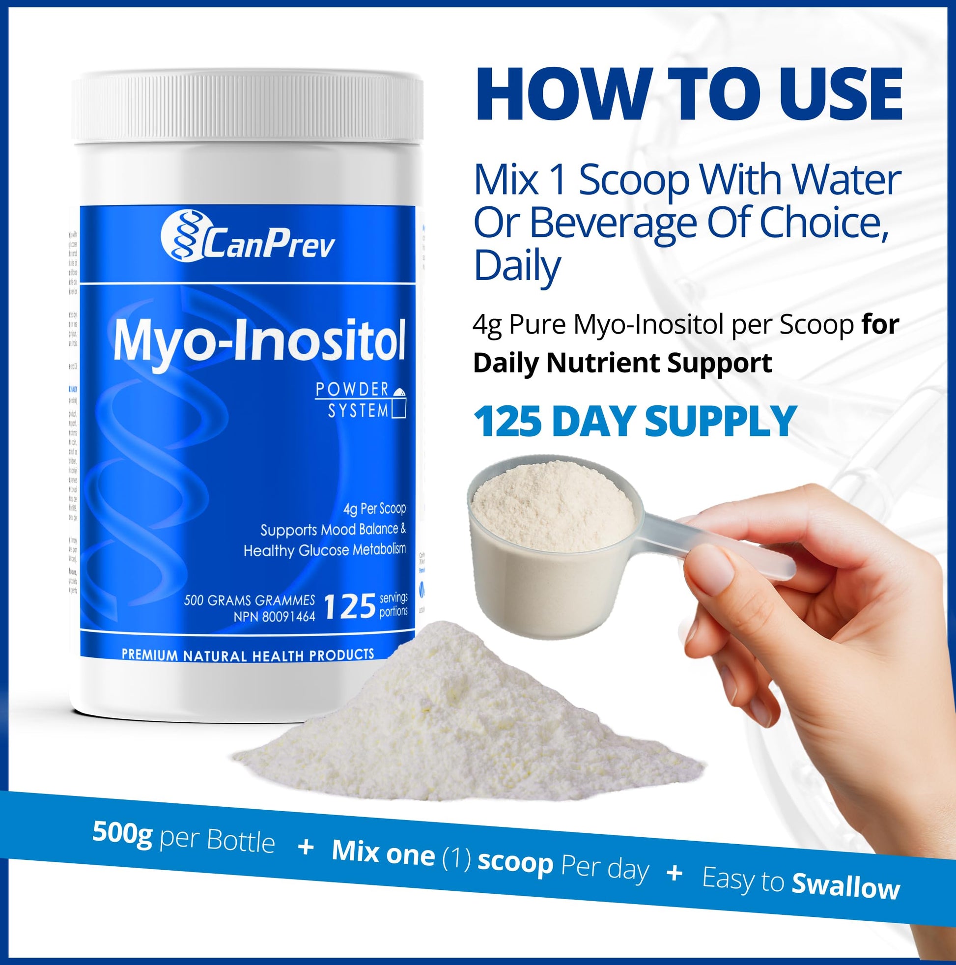 CanPrev Myo-Inositol Powder 500g, 125 Servings, PCOS Supplement for Women, Supports Glucose Metabolism, Ovulatory Function, Cellular Health and Wellness - Available at All In One Marketplace Canada