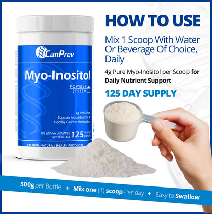 CanPrev Myo-Inositol Powder 500g, 125 Servings, PCOS Supplement for Women, Supports Glucose Metabolism, Ovulatory Function, Cellular Health and Wellness - Available at All In One Marketplace Canada