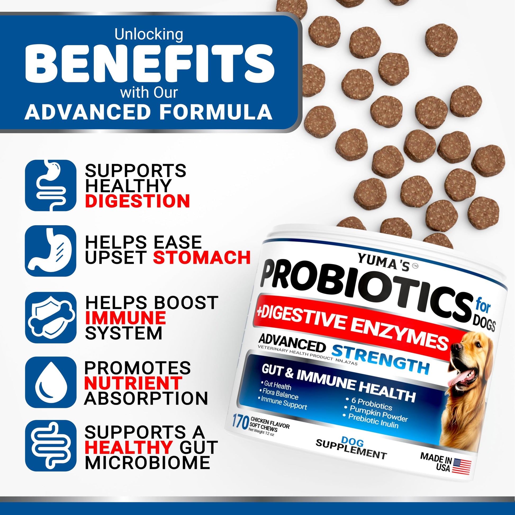 Probiotics for Dogs - 170 Chews - Helps Relieve Diarrhea, Gas & Allergies, Constipation - Dog Probiotics - Digestive & Immune Support - Prebiotics & Digestive Enzymes - Gut Health Chewable Supplement