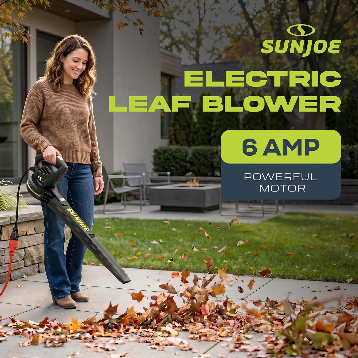 Sun Joe SBJ597E All-Purpose Electric Leaf Blower, 6-Amp Motor, 155 MPH, 260 CFM, Black - Lightweight & Compact, One-Hand Operation for Yards, Porches, Patios, Walkways, Decks, Garage & Light Snow Sun Joe