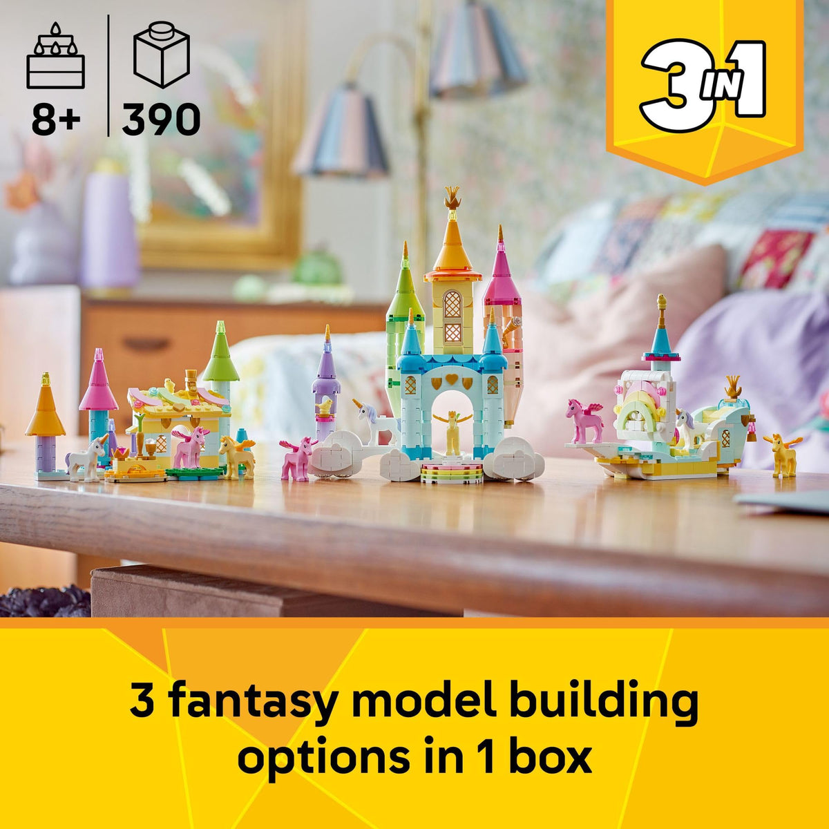 LEGO Creator 3 in 1 Unicorn Castle Building Toy for Kids - Unicorn Toy Trio for Girls & Boys, Ages 8+ - Build 3 Pretend Play Toys with 1 Set of Building Blocks - Gift Idea for Birthdays - 31175