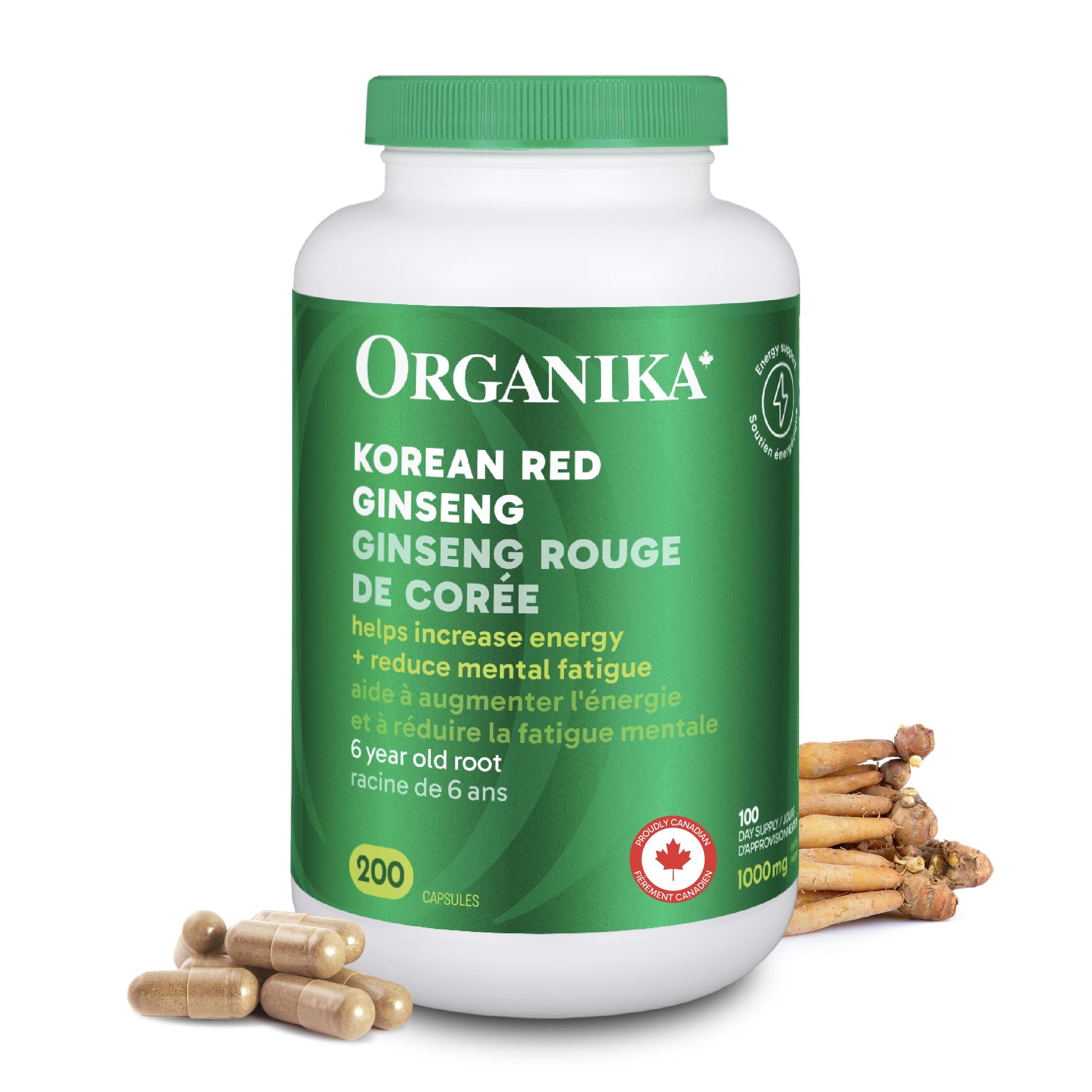 Organika Canadian-Made Korean Red Ginseng - 6 Year Old Roots, Energy Support, Stress Support, Warming Effect- 200caps Organika
