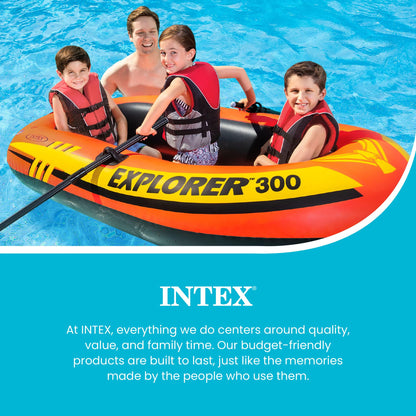 INTEX 58332EP Explorer 300 Inflatable Boat Set: Includes Deluxe Boat Oars and Mini Hand Pump – Dual Air Chambers – Grab Rope – 3-Person – 410lb Weight Capacity Intex