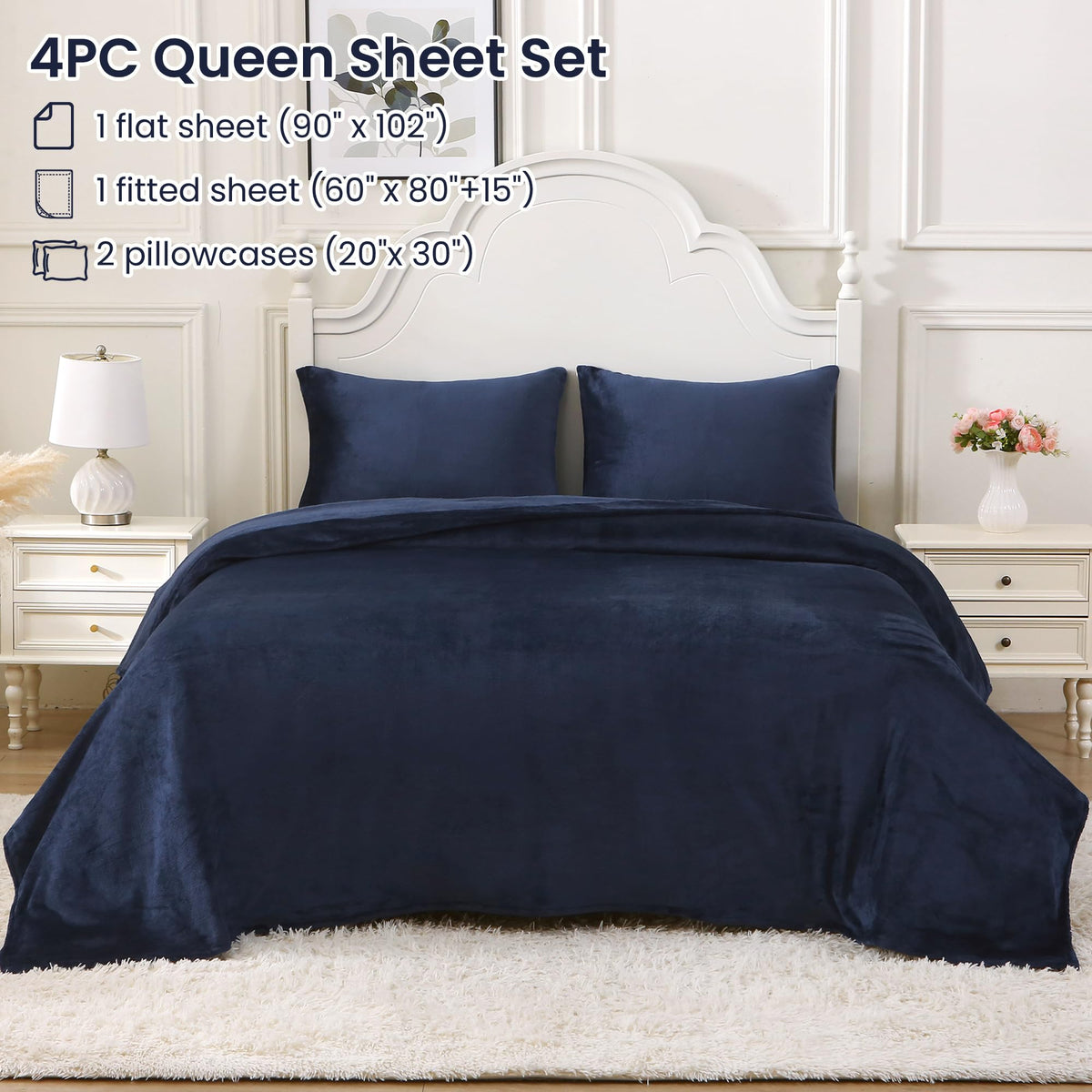 Viviland Plush Micro Polar Fleece Queen Bed Sheet Set for Winter, Navy Blue 🍁 All In One Marketplace Canada