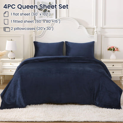 Viviland Plush Micro Polar Fleece Queen Bed Sheet Set for Winter, Navy Blue 🍁 All In One Marketplace Canada