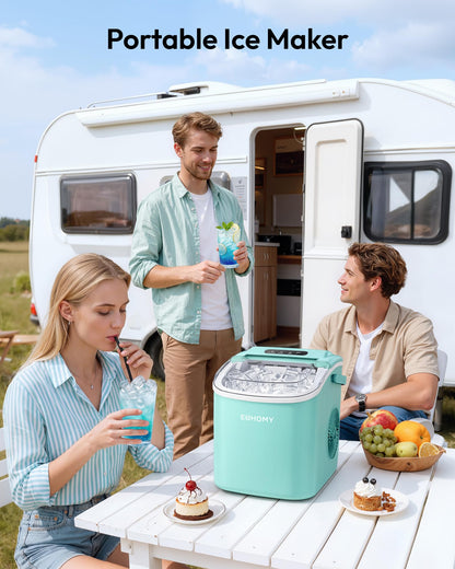 EUHOMY Countertop Ice Maker Machine with Handle, 26lbs Per Day, 9 Ice Cubes Ready in 6 Mins, Auto-Cleaning Portable Ice Maker with Basket and Scoop, for Home/Kitchen/Camping/RV (Green)