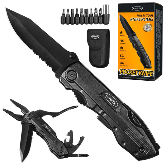 RoverTac Pocket Knife, 15-in-1 Multitool with Pliers, Bottle & Can Opener, 9 Screwdriver Bits, Locking Mechanism & Nylon Sheath - EDC Multi Tool for Camping, Hiking & DIY, Gift for Men & Dad - Available at All In One Marketplace Canada