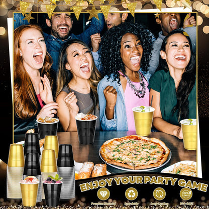 100 PCS 12 OZ Plastic Cups, Party Cups Black and Gold Cups Disposable Drinking Cup Bulk for Christmas Graduation Wedding Birthday Halloween New Year Family Gathering Festive Celebrations 🍁 All In One Marketplace Canada
