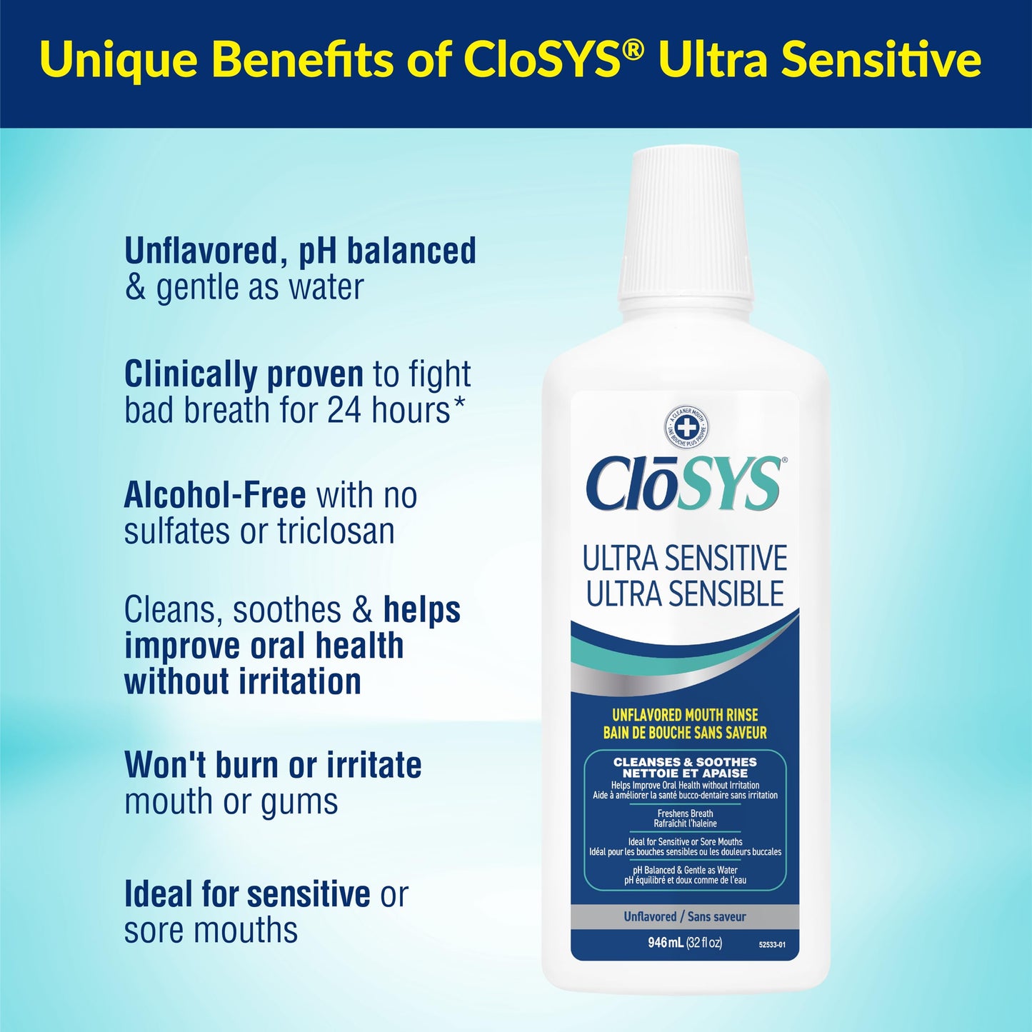 CloSYS Ultra-Sensitive Oral Rinse - Unflavored Mouthwash, Alcohol-Free, pH Balanced - Soothes Sensitivity, Eliminates Bad Breath - 32 oz, 2 pack 🍁 All In One Marketplace Canada