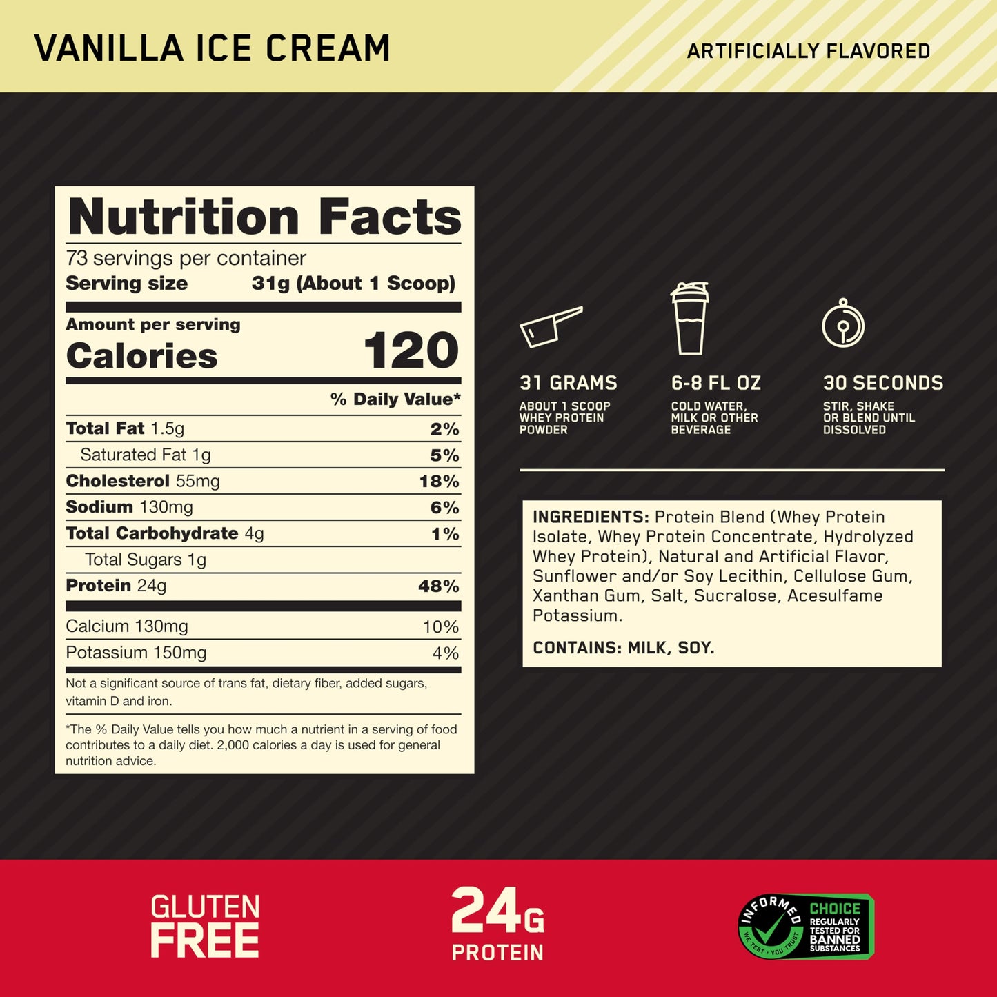 Optimum Nutrition Gold Standard 100% Whey Protein Powder, 2.270g - Vanilla Ice Cream - 73 servings (packaging may vary)