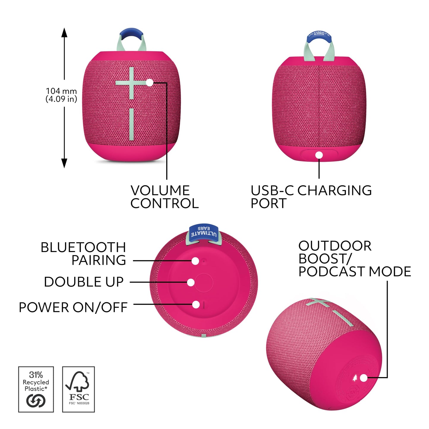 Ultimate Ears WONDERBOOM 4 Portable Waterproof Bluetooth Speaker with Big Bass and 360-Degree Sound, Dustproof Floating Speaker with 131ft (40m) Range - Pink 🍁 All In One Marketplace Canada