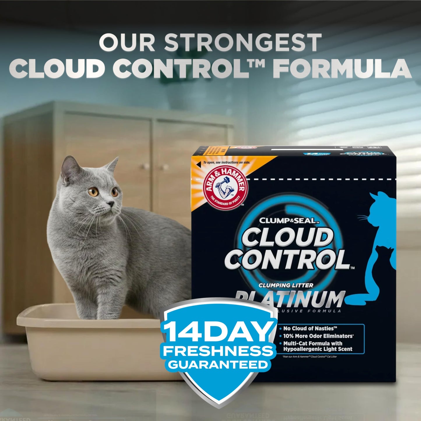 ARM & HAMMER Platinum Cat Litter, Cloud Control, Extra Strength with 14 Days of Odour Control, Multi-Cat Clumping Cat Litter with Hypoallergenic Light Scent, 12.47kg (Pack of 1)