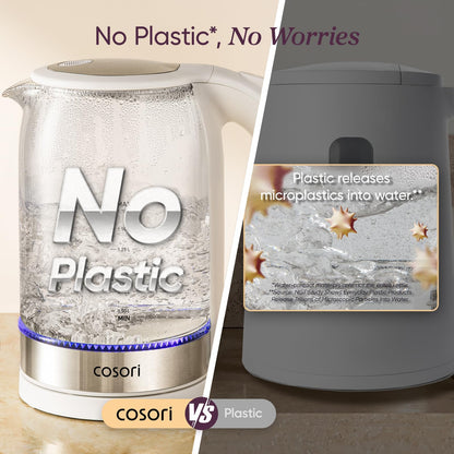 Cosori Glass Electric Kettle 1500W, Plastic-Free, 1.7L, Cordless, White