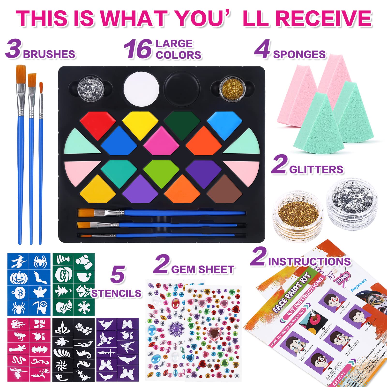 BOBISUKA Face Painting Kit for Kids - 16 Colors Water Based Body Face Paint Includes Brushes,Sponges,Glitters,Gem Sheet,Instructions,Stencils for Halloween Party Costume SFX Makeup - Available at All In One Marketplace Canada