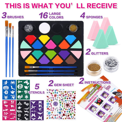 BOBISUKA Face Painting Kit for Kids - 16 Colors Water Based Body Face Paint Includes Brushes,Sponges,Glitters,Gem Sheet,Instructions,Stencils for Halloween Party Costume SFX Makeup - Available at All In One Marketplace Canada