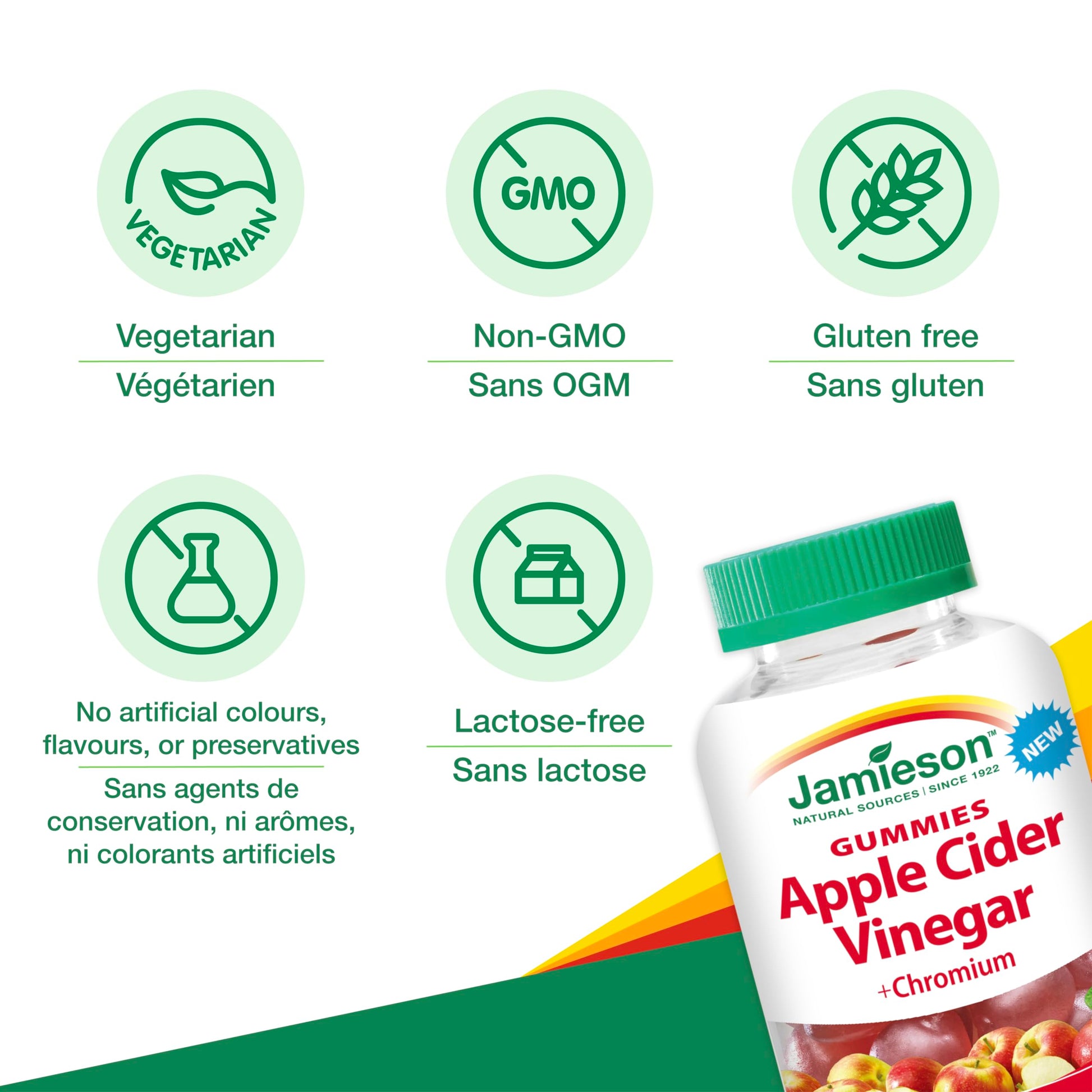 Jamieson Apple Cider Vinegar Gummy with Chromium, 60 Red Apple Flavoured Gummies. Helps Maintain Normal Blood Glucose Levels and Supports Metabolism. Vegetarian, No Artificial Colours or Flavours - Available at All In One Marketplace Canada