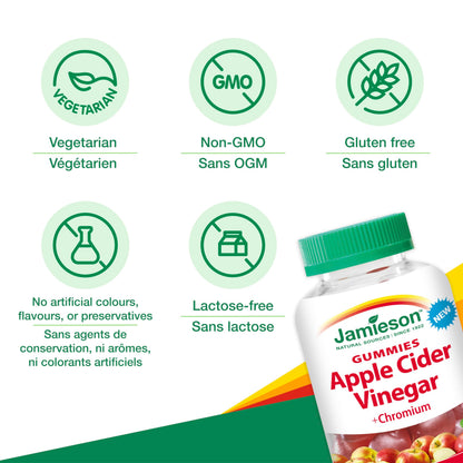 Jamieson Apple Cider Vinegar Gummy with Chromium, 60 Red Apple Flavoured Gummies. Helps Maintain Normal Blood Glucose Levels and Supports Metabolism. Vegetarian, No Artificial Colours or Flavours - Available at All In One Marketplace Canada