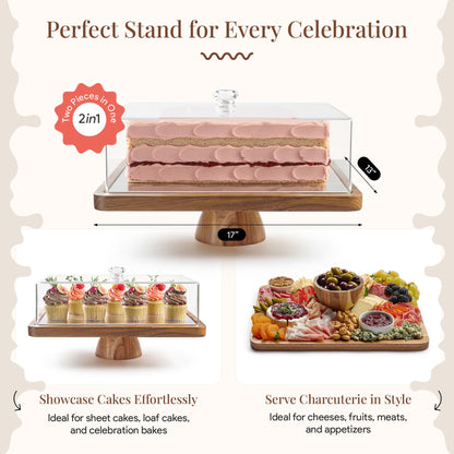 HOMESPHERE Acacia Wood Cake Stand with Lid - Rectangular Cake Holder, 2-in-1 Dessert Table Display Set & Charcuterie Board for Cheese, Chips, Fruit Platter, Large Acrylic Cake Dome Cover, No Glass 🍁 All In One Marketplace Canada