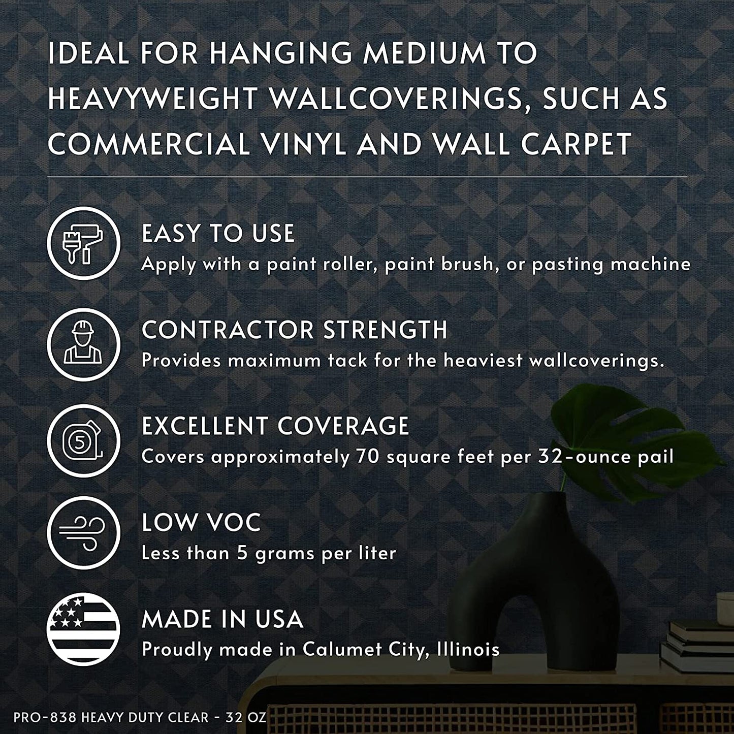 Roman Products Heavy Duty Wallpaper Adhesive, Commercial Grade for Heavy Wall Hangings, Clear, PRO-838 (32 Ounce - 70 sq. ft.), 11314 Roman