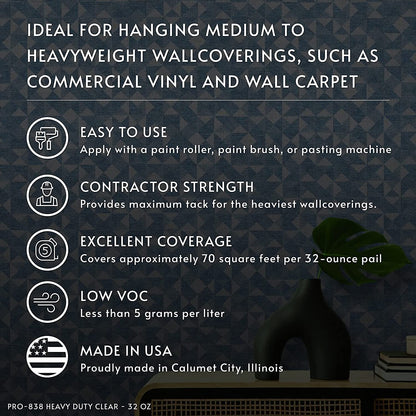Roman Products Heavy Duty Wallpaper Adhesive, Commercial Grade for Heavy Wall Hangings, Clear, PRO-838 (32 Ounce - 70 sq. ft.), 11314 Roman