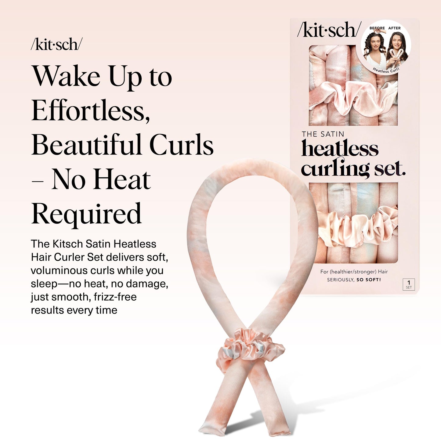 Kitsch Satin Heatless Curlers Set – Heatless Curls Overnight w/ 34" Hair Waver & 2 Satin Hair Scrunchies, Comfortable Hair Curlers to Sleep In for Frizz-Free, No Heat Damage Styling - Sunset Tie Dye