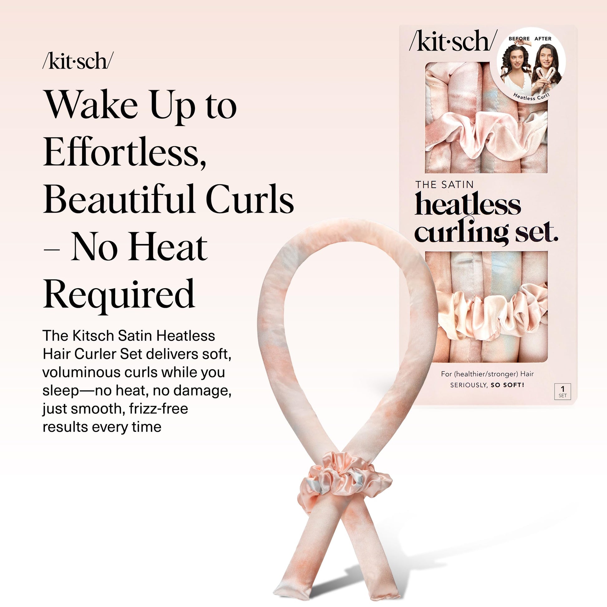 Kitsch Satin Heatless Curlers Set – Heatless Curls Overnight w/ 34" Hair Waver & 2 Satin Hair Scrunchies, Comfortable Hair Curlers to Sleep In for Frizz-Free, No Heat Damage Styling - Sunset Tie Dye