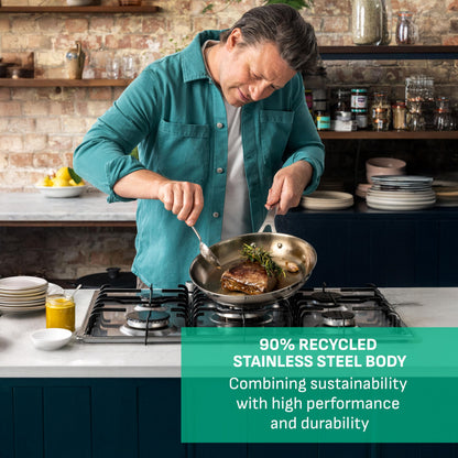 Jamie Oliver by Tefal Cook Smart Frying Pan 11 in / 28 cm, Uncoated Stainless Steel Frying Pan, Robust, Fast Heating, Even Cooking, Riveted Handle, Induction Safe, Oven and Dishwasher Safe T-Fal