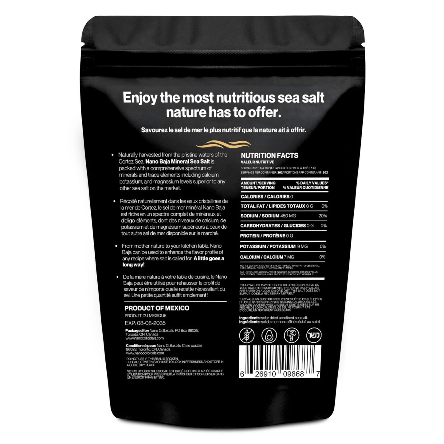 NANO Baja Sea Salt Organic | 90 Minerals, 4X More Than Celtic Sea Salt | Low Sodium, Pure & Clean | Cooking & Wellness | 1 lb (454g)