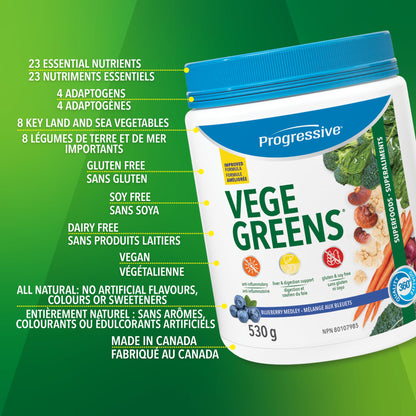 Progressive VegeGreens Blueberry Medley, Vegan Canadian-Made Superfoods + Daily Greens with 23 Whole Foods, Adaptogens, Anti-Inflammatory, Antioxidants & Digestive Support for Energy and Immunity, 530 g Progressive Health