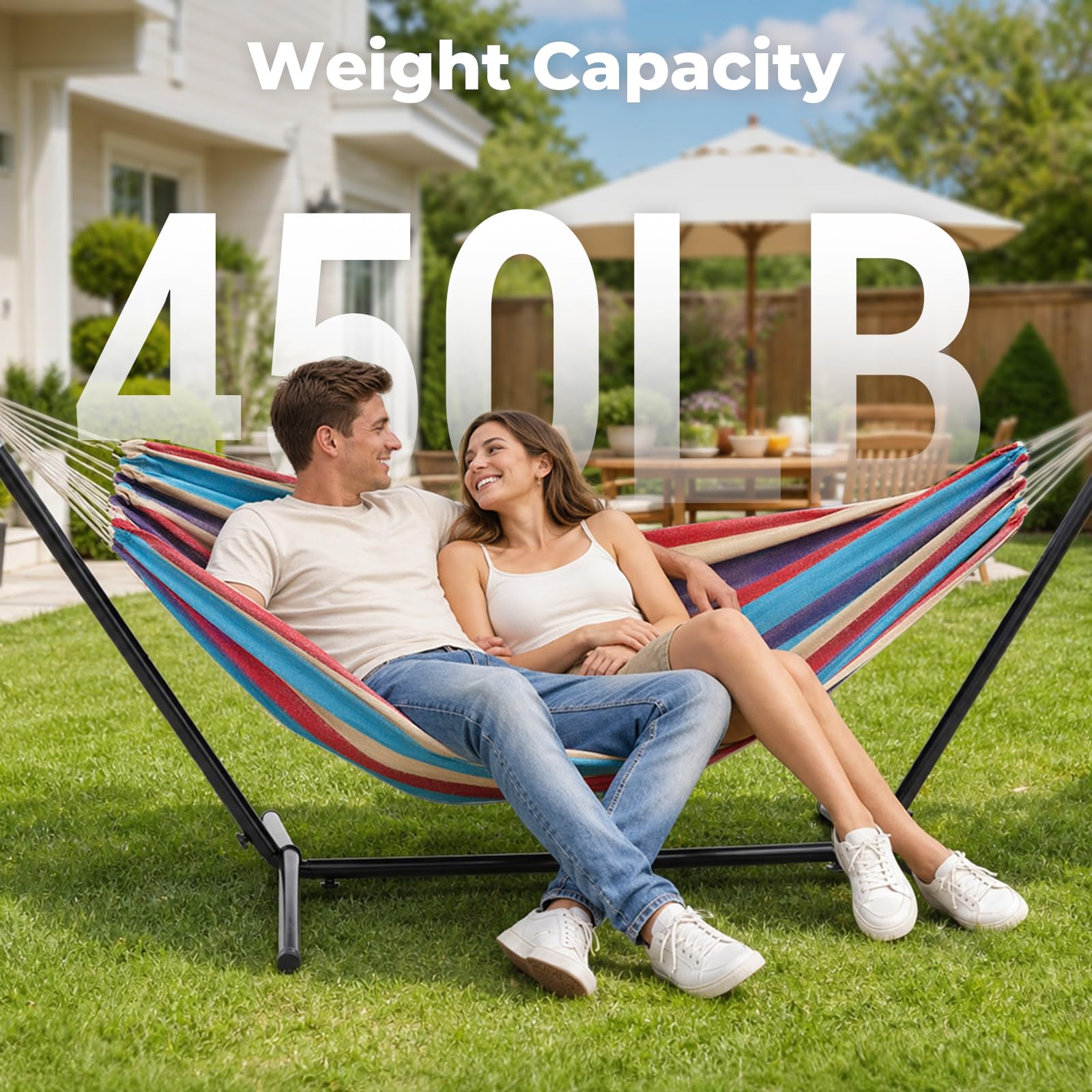 Hammock with Stand, Ohuhu Double Hammock with Space Saving Steel Stand & Pillow 2 Person Hammocks with Portable Carrying Bag for Camping Garden Patio Indoor Use Gift for Birthday, Tropical