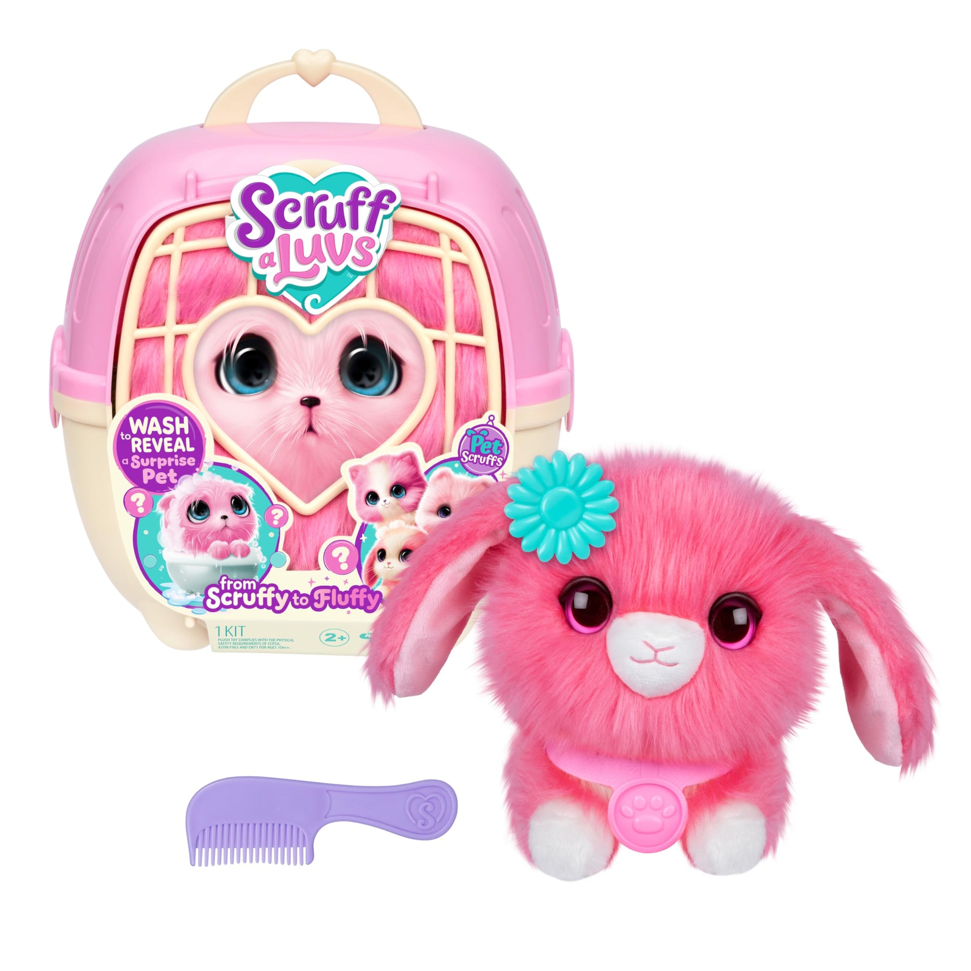 ScruffaLuvs Pet Scruffs Pink - Mystery Plush Toy, 7.5" Tall - Wash to Reveal 1 of 3 Rescue Pets: Puppy, Bunny, or Kitty - Includes 8.7" Deluxe Pet Carrier SCRUFFALUVS