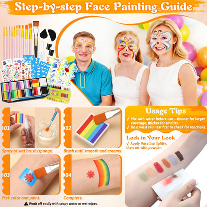 Face Painting Kit Professional for Kids Adults,12 x 10g Split Cake Face Paint Palette Water Activated Face Paint with Stencil Brush Sponge, Rainbow Facepaint Makeup Kit for Halloween Party Body Paint 🍁 All In One Marketplace Canada